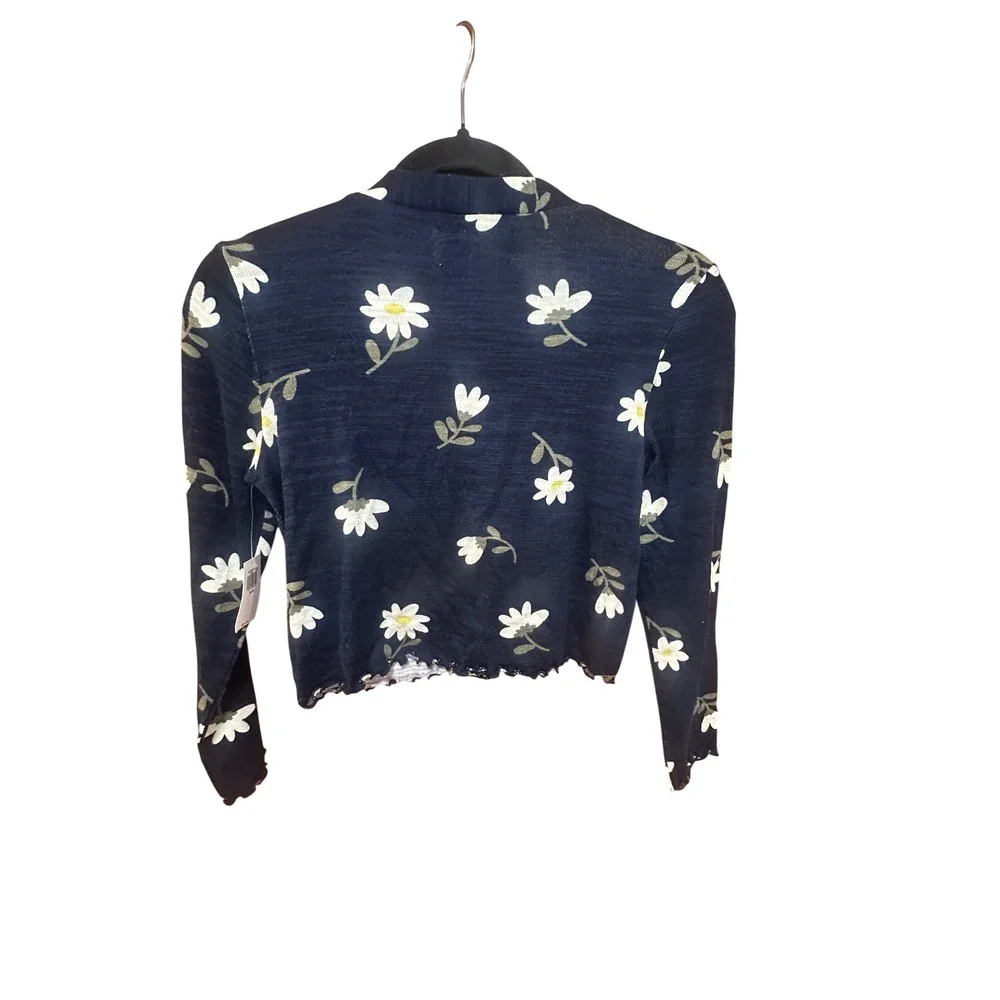 Old Navy Kids Navy Blue Floral Daisy Lettuce Edge Cropped Cardigan Sweater M 8